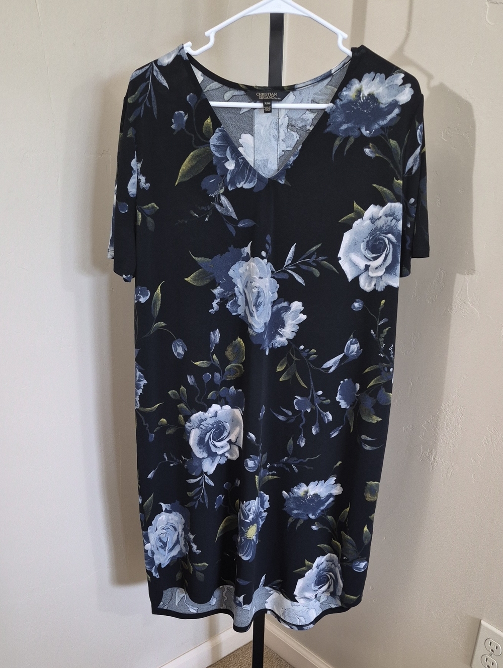 Christian Siriano Black V-Neck T-Shirt Dress with Blue Floral Print Size XL